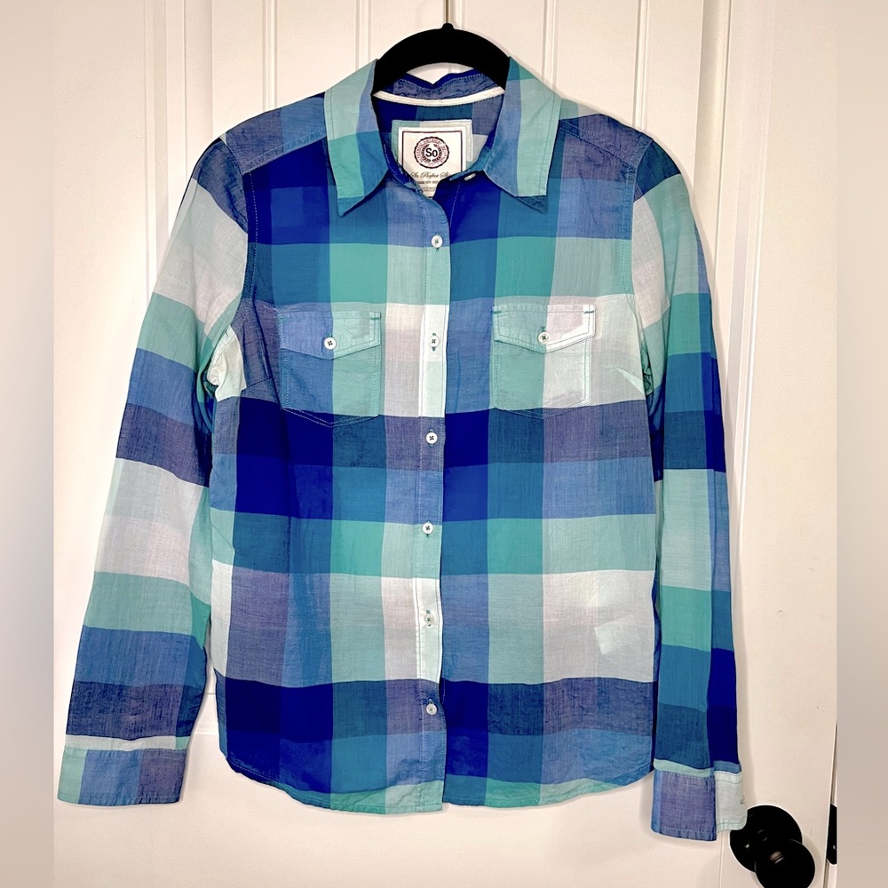 SO Blue and Green Plaid Juniors Button Collared Shirt